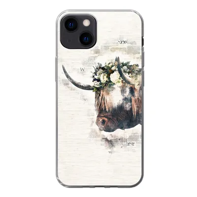 Produktbild von MuchoWow® Handyhülle Schutzhülle Hülle für iPhone 13 Schottischer Highlander - Rauch - Blumen Silikon Softcase Handy Hülle - Karteninhaber