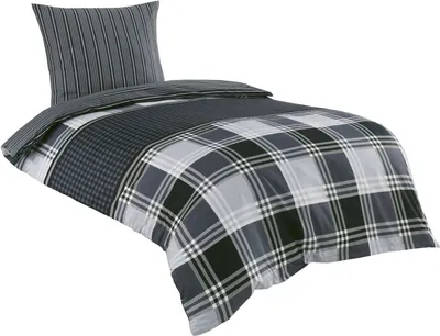 Produktbild von Baumwolle Renforce Bettwäsche 135x200 + 80x80 grau schwarz kariert Wendebettwäsche Ramos
