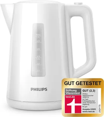 Produktbild von Wasserkocher 1,7 L weiß mit LED-Kontrollanzeige, flachem Heizelement, großer Öffnung, kabellos, 360°-Pirouettenbasis, einfache Reinigung (HD9318/00)