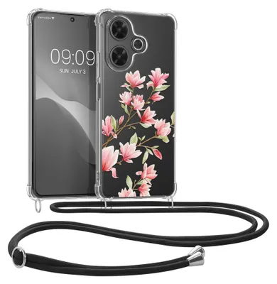 Produktbild von kwmobile Necklace Case kompatibel mit Xiaomi Redmi 13 Hülle - Silikon Cover mit Handykette - Rosa Weiß Transparent Magnolien