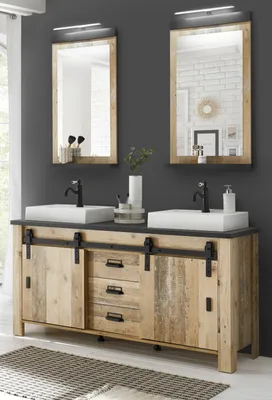 Produktbild von Badmöbel Set "Stove" in Used Wood hell und anthrazit mit Doppelwaschtisch und LED