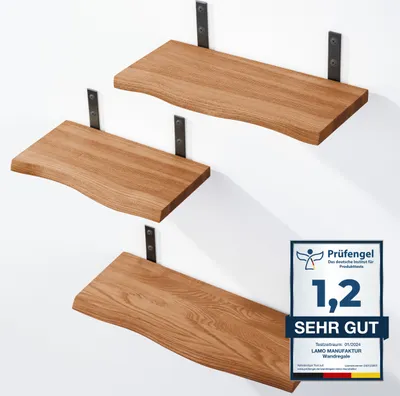 Produktbild von LAMO Manufaktur 3 Stück Wandregal Holz 40/35/30cm | Schweberegal Massiv 100% Echtholz | Hängeregal für Wohnzimmer, Schlafzimmer, Küche, Büro, Badezimmer | Wandregale SET 1 Baumkante Farbe: Dunkel