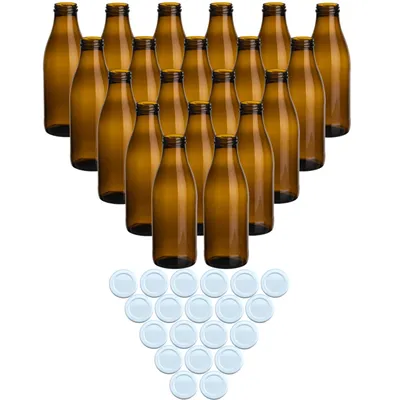 Produktbild von gouveo 20er Set Saftflasche 1000 ml Antik mit Schraub-Deckel weiß - Braune Glasflasche 1 Liter mit TO48 Verschluss - Leere Flasche zum Befüllen