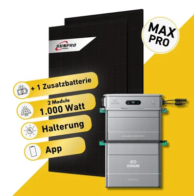 Produktbild von Balkonstrom Balkonkraftwerk 1000W Solaranlage mit Speicher | 1xZusatzspeicher | 2xSolarmodul Bifazial |Zendure SolarFlow 800 Pro 2