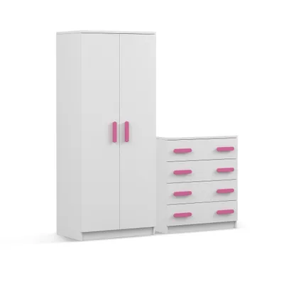 Produktbild von Drehtürenschrank und Kommode 2er-Set JONAS I 06/JONAS I 02 Weiß/Weiß rosa Griffe