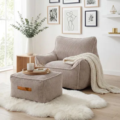 Produktbild von Sitzsack Sessel mit Hocker für Erwachsene, Flauschiger Cord Stoff, Sitzsack Cord mit Füllung, Bean Bag Chair, Wohnzimmer, Lounge, Schlafzimmer, Beige