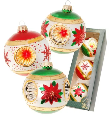 Produktbild von Krebs Glas Lauscha Weihnachtsbaumkugeln 3er Set - 3-fach Reflexkugeln in Grün/Rot - aus Glas - ca. 8cm