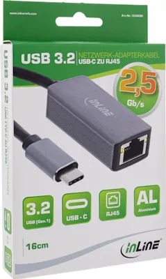 Obrázok produktu pre InLine 33380M, USB Typ-C, RJ-45, Samec, Šedá, Realtek RTL8156, Samec