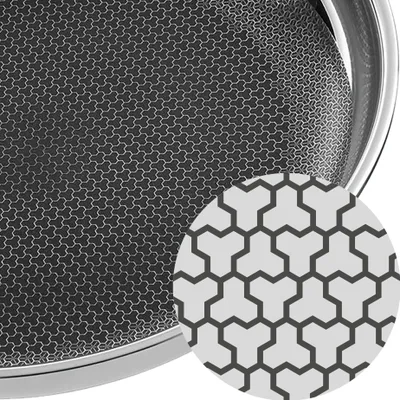 A close-up view of a frying pan's textured surface, with an inset showing a magnified view of the pattern.