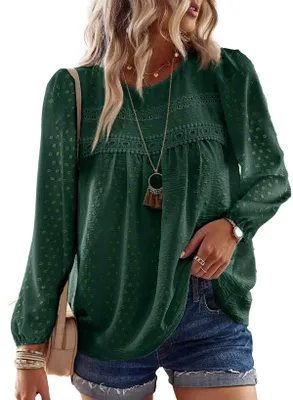 Produktbild von TUUHAW Langarm Damen Große Größen Tunika Boho Bluse Top Dunkelgrün 3XL