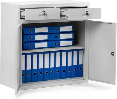 Produktbild von Kleiner Aktenschrank C17B Büroschrank mit 2 Schubladen Flügeltüren Metallschrank Pulverbeschichtet Metall Abschließbar 90 cm x 90 cm x 40 cm (Grau)