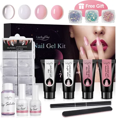 Obrázok produktu pre Luckyfine Poly Gel Nail Set, sada na nechty, 4X 30ml nechtové nadstavce Poly Gel, 3 farby trblietky, 100 kusov tvaru nechtovej špičky, základný a vrchný náter (15ml), klzný roztok 30ml, darček pre ženy