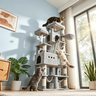 Produktbild von Fobyfurny Kratzbaum, 201 cm XXL Katzenbaum mit 9 Kratzsäulen, 2 Höhlen, 2 Hängematten, Große Plattform, Sisalseil, Korb, Große Katzen