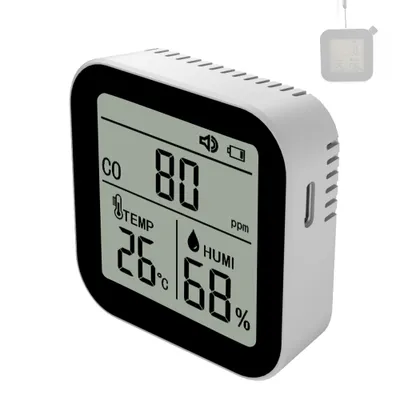 A digital air quality monitor displaying CO, temperature, and humidity.
