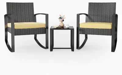 Image de Ensemble de mobilier de jardin en rotin, composé de 3 pièces : un canapé, deux fauteuils et une table basse en verre