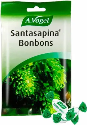 A bag of A. Vogel Santasapina Bonbons with a close-up image of a pine cone and some loose bonbons.