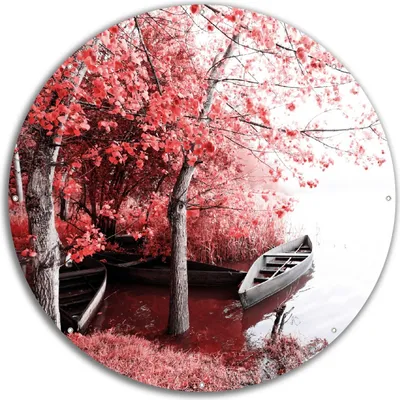 Produktbild von Wallario rundes Outdoor-Poster für Garten oder Balkon, Motiv Romantische Bootsanlegestelle in rot-weiß, 60 cm Durchmesser