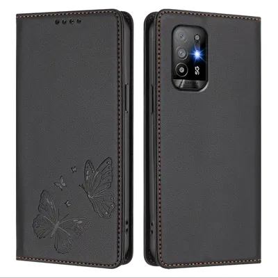 Image de Étui en cuir pour Oppo A94 5G, motif papillon, étui portefeuille à rabat avec support, noir