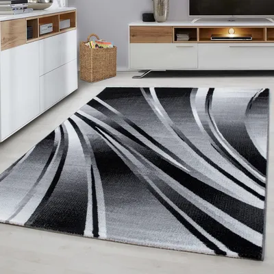 A modern living room with a rug, a cabinet, and a TV stand.