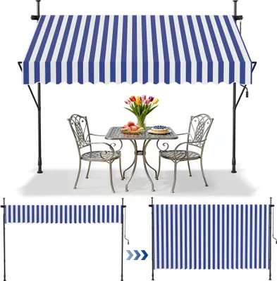 A blue and white striped awning over a table and chairs, with two smaller images below showing the awning in different states of extension.