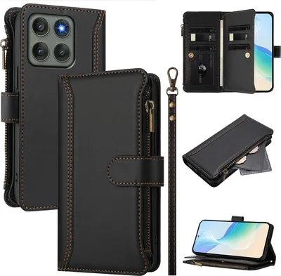 Immagine prodotto di Custodia per Motorola Moto Edge 60 Pro, con cerniera, portafoglio in Finto cuoio con tasche per carte, supporto e passante per la mano nero