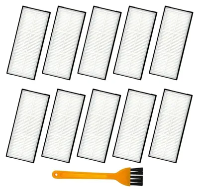 A collection of vacuum cleaner filters and a cleaning brush arranged in a grid on a white background.
