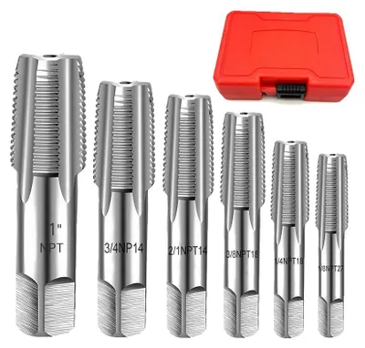 Produktbild von Rohrgewindeschneider-Set, Kohlenstoffstahl, Größen: 3/4 Zoll bis 1/8 Zoll, NPT-Kompatibilität, Rechtsgewinde, präzise geschliffene Gewinde