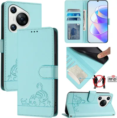 Produktbild von Leder Hülle für Huawei Pura 70 Süße Katze Flip Case Brieftasche Schutzhülle mit Standfunktion hellgrün