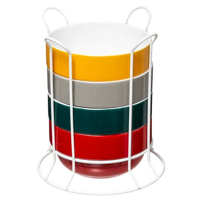 A stack of five colorful bowls in a white wire rack.