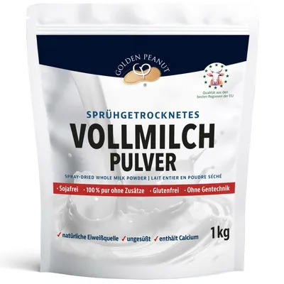 Produktbild von GOLDEN PEANUT Vollmilchpulver 26% 1 kg - Sprühgetrockneter Frischmilch Ersatz, Camping Reise Urlaub, lange haltbare Vollmilch, Ursprung EU