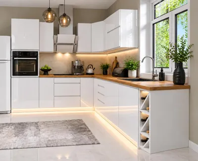 Produktbild von Eckküchenzeile 270x250 cm Winkelküche Küchenblock Einbauküche ohne Arbeitsplatte, LETANO Luki 16 Weiß Hochglanz mit Soft-Close