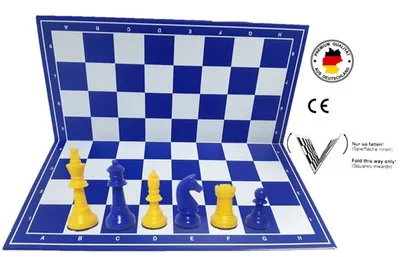 Produktbild von Schachset "Profi" mit Schachbrett und Schachfiguren KH 93 mm, gelb-blau, Staunton Form, mit Filzsockel