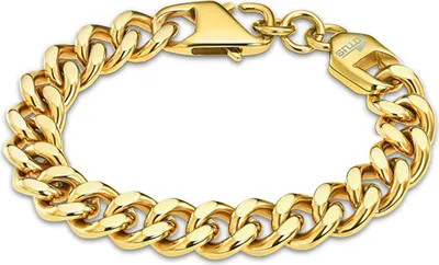 A close-up shot of a gold-colored chain bracelet.