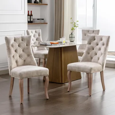Produktbild von 4-Fußstuhl Esszimmerstuhl Samt hohe Rückenlehne Knopfsteppung Massivholz Hellbeige 4er-Set