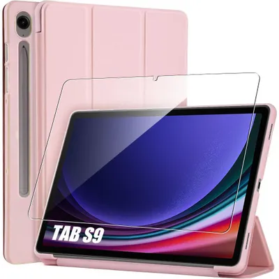 Image de Coque + Verre Trempé pour Samsung Galaxy Tab S9 (11 Pouces) Protection Antichoc avec Fonction Support - Rose