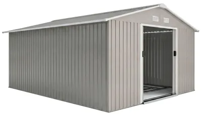 Productafbeelding van Gereedschapsschuur, weerbestendige tuinschuur voor tuingereedschap, met ventilatieramen, schuifdeuren, staal, lichtgrijs