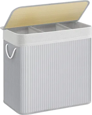 Produktbild von SONGMICS Wäschekorb, mit Deckel und Griffen, aus Bambus, 3 Fächern, 150 L, grau