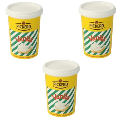 Three yellow tubs of Pickerd Vanilla flavoring powder are arranged in a triangular formation against a white background.