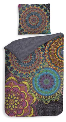 Produktbild von ZO! Home Renforcé Bettwäsche Digital - Woodstock - bunte Mandalas - grau 200 x 200 cm Kolibri, bunte Mandalas auf grauem Hintergrund