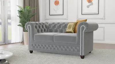 Produktbild von S-STYLE MÖBEL - Nox - Chesterfield 2 sitzer Sofa aus Grau Samt-Stoff mit Holzfüßen, B/T/H: 148 cm / 86 cm / 72 cm
