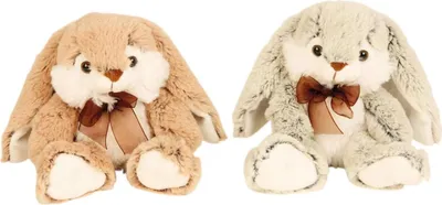 Produktbild von 2 Stück Hase mit Schleife 15cm grau braun weich Plüschtier Stofftier Kuscheltier