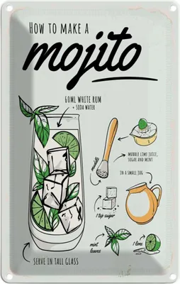 Produktbild von vianmo Blechschild 30x20 cm Mojito Cocktail Recipewhite rum