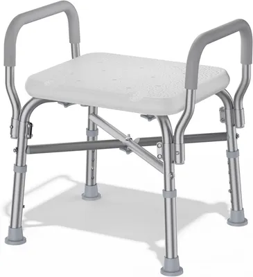 Immagine prodotto di Sedia da doccia con schienale, regolabile in altezza, braccioli imbottiti, piedini antiscivolo, ideale per anziani