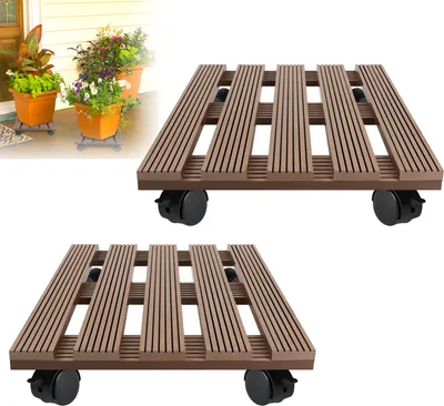Produktbild von LZQ 2 Stück WPC Pflanzenroller 30x30 cm 100 kg Tragkraft, Rollbrett Pflanzen, Blumenroller für außen & innen, Witterungsbestaendig, mit Rollen, Quadratisch, Braun