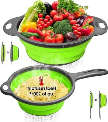 Produktbild von Silikonisches Kuchengitter Set [2 Stück] - 20 cm & 95 cm - 2 Liter und 3 Liter - Kuchengitter für Pasta, Gemüse, Obst - ausklappbare Griffstücke - Grün Grau