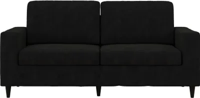 A black sofa is shown from the front against a white background.