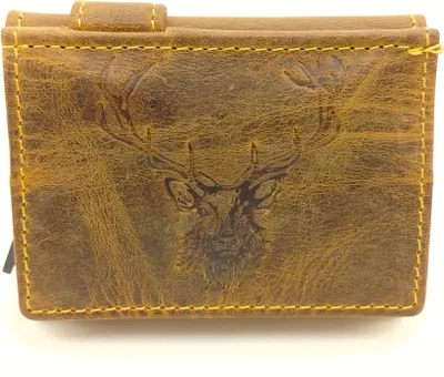 Imagen del producto de Estuche de cuero para tarjetas RFID con compartimento para monedas – Modelo vintage con diseño de ciervo – Monedero compacto para mujeres y hombres