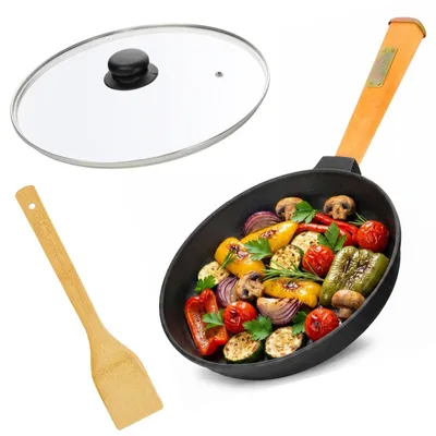 Produktbild von Ø20cm Pfanne aus Gusseisen mit Holzgriff Glasdeckel abschraubbar 40mm hoch Gusseisenpfanne Bratpfanne Steakpfannen Cast Iron Pan Feuerpfanne alle Herdarten Induktion Pfannenwender