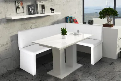 Produktbild von Eckbankgruppe 196x142 cm ROBIN XL L Weiss / Esstisch DANTE Weiss HGL