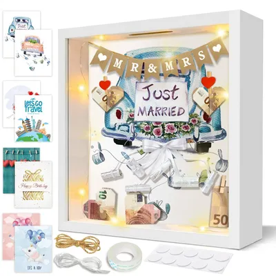 Produktbild von 3D Bilderrahmen zum Befüllen, 8 IN 1 Geldgeschenk Personalisiert Objektrahmen Hochzeitsgeschenke für Brautpaar Tiefer Rahmen mit Licht Spardose Geschenk für Taufe Hochzeit Geburtstag Reisen